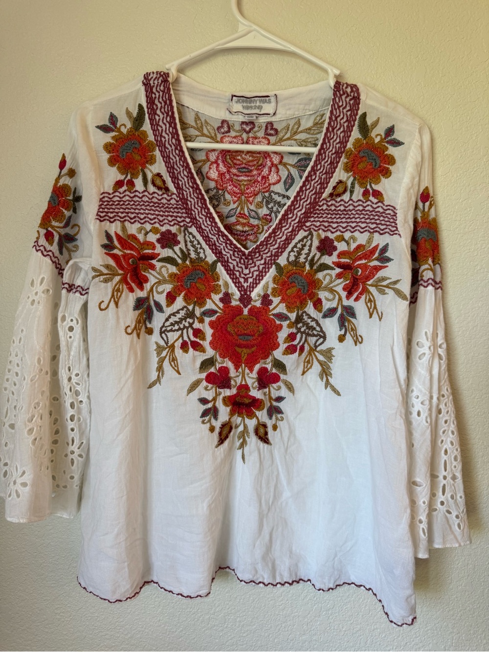 Johnny Was White Tunic with Red & Green Floral Embroidery